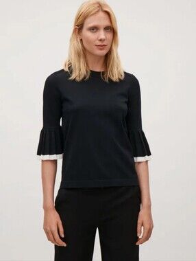 COS Black Knit Top with Pleated Contrast Cuffs - XS